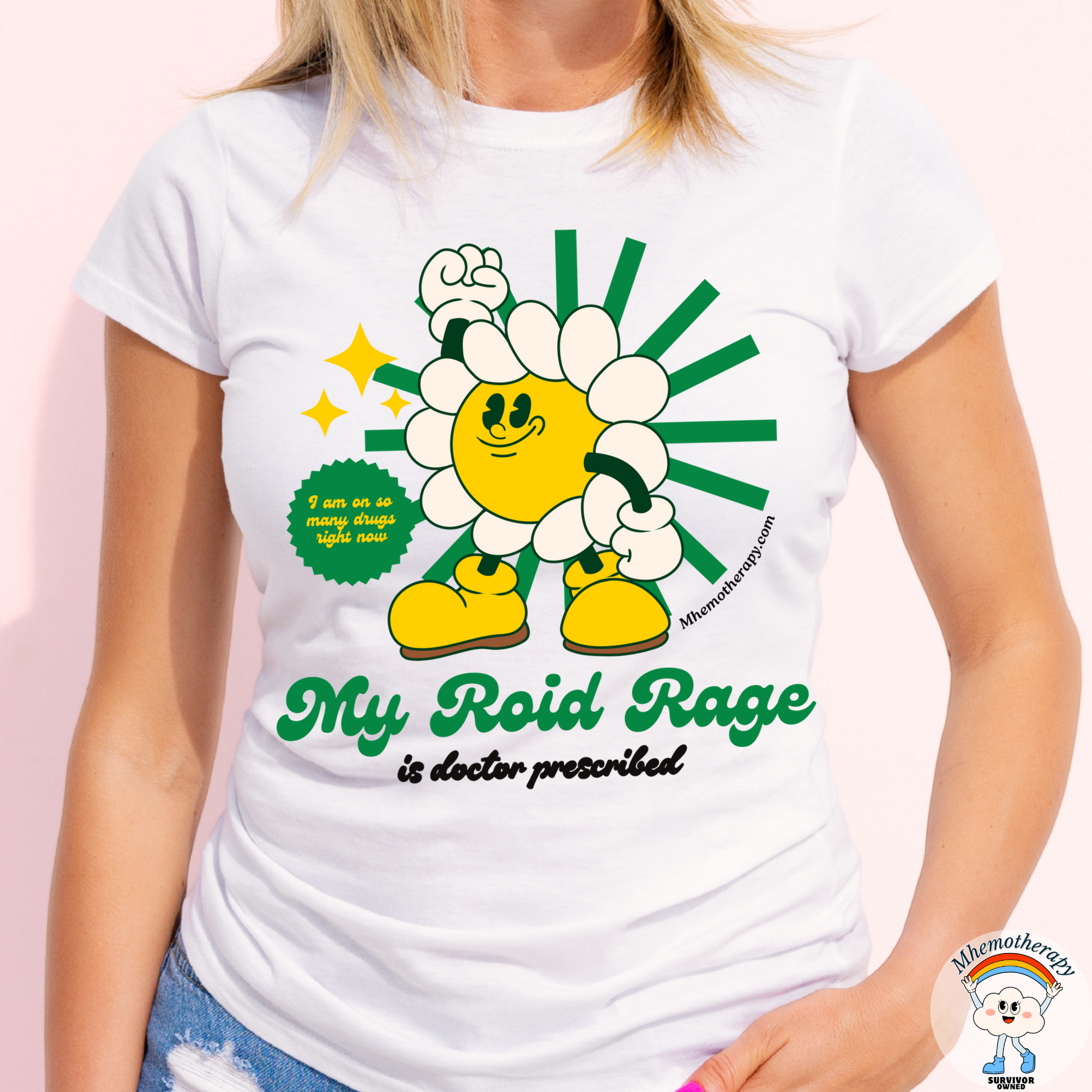 Woman wearing the white "My Roid Rage is Doctor Prescribed" funny cancer t-shirt for men and women by Mhemotherapy.com.