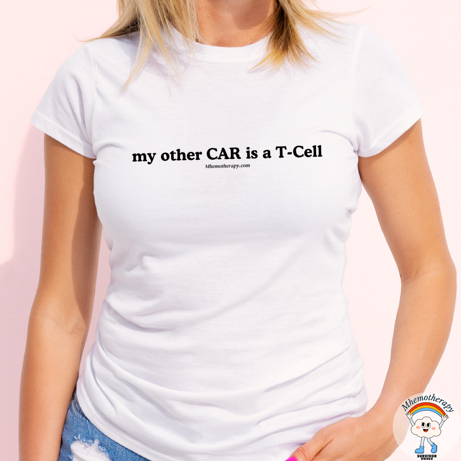Woman wearing the white immunotherapy shirt "My other CAR is a T-Cell" CAR-T Cell Therapy t-shirt & funny cancer shirt by Mhemotherapy. 