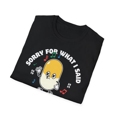 Folded view of the black "Sorry For What I Said While I Was On Pred" oddly specific funny cancer t-shirt for men and women by Mhemotherapy.com.