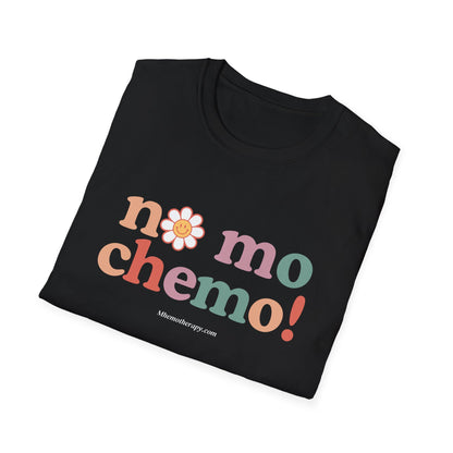 Folded view of the black "No Mo Chemo" funny cancer shirt for women and men, chemo gift, end-of-treatment t-shirt by Mhemotherapy.com.
