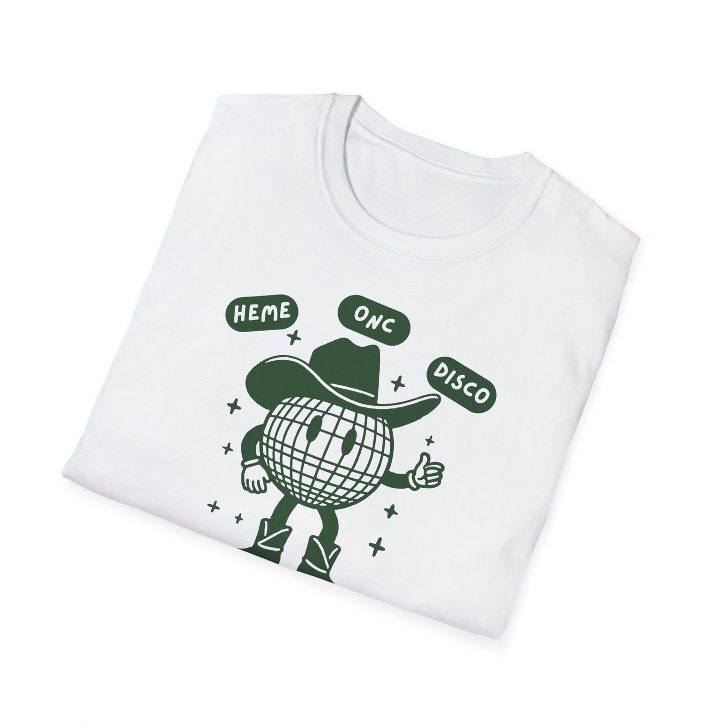 Heme-Onc Cowboy Disco retro funny cancer shirt, white with green, liver cancer shirt, lymphoma funny cancer survivor shirt for men and women folded view by Mhemotherapy.com.