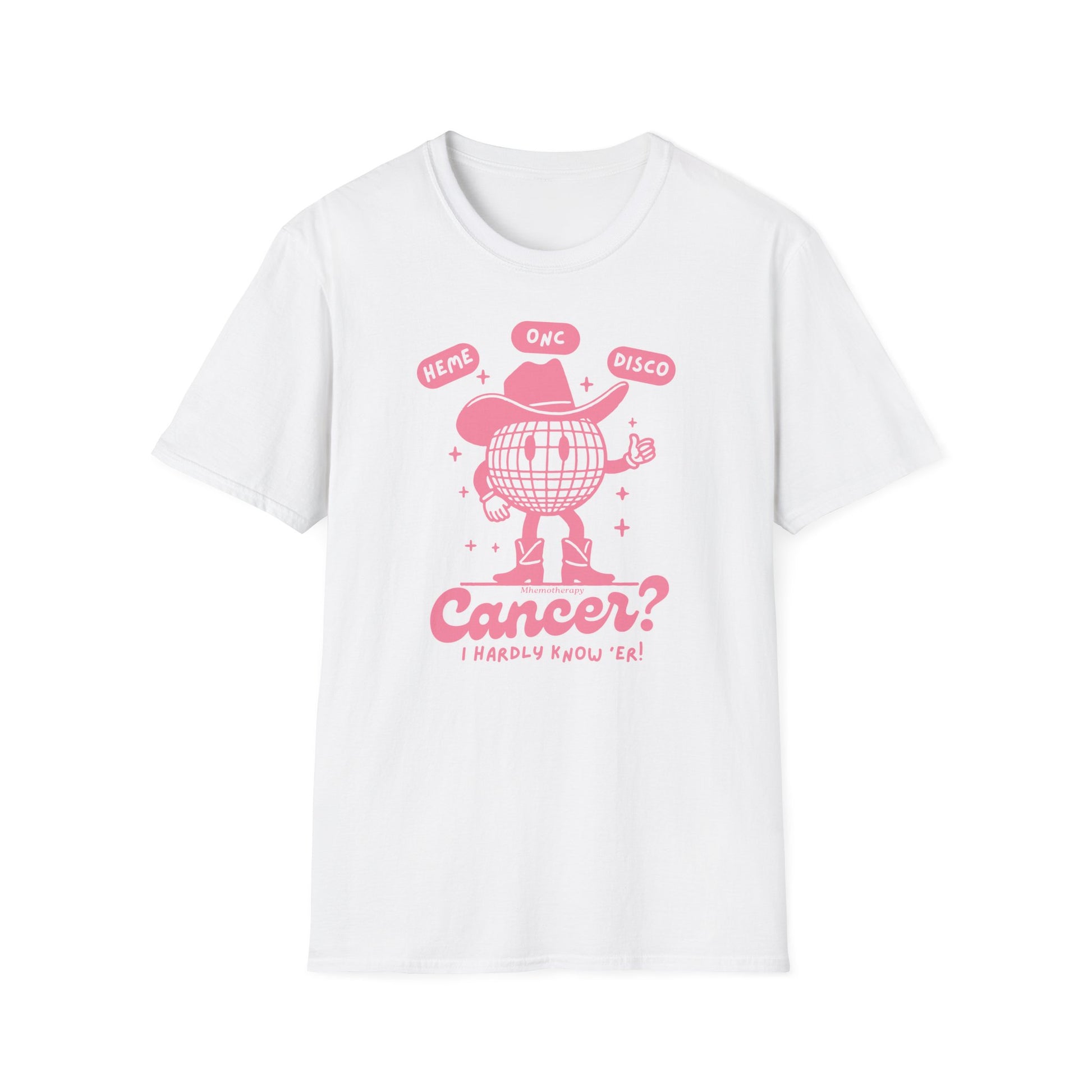 Heme-Onc Cowboy Disco retro funny cancer shirt, white with pink, breast cancer t-shirt, funny cancer survivor shirt for women and men front view by Mhemotherapy.com.