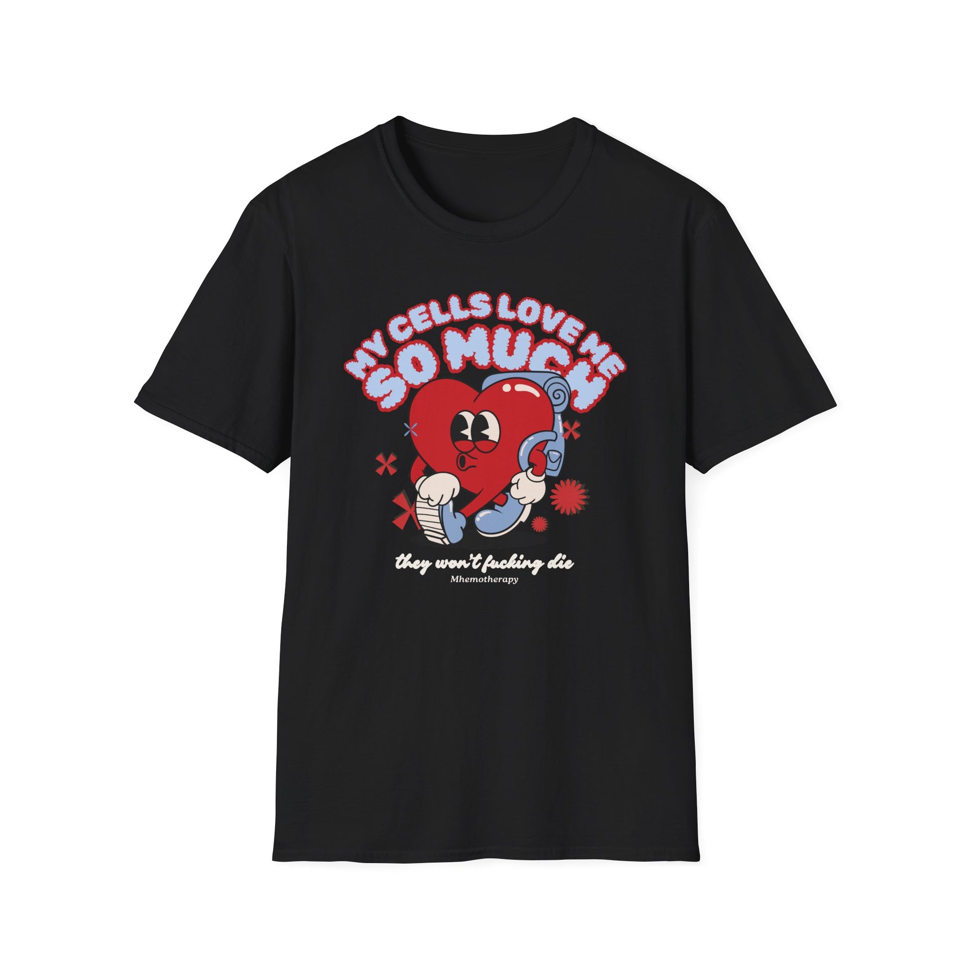 "My Cells Love Me So Much They Won't F*cking Die" retro funny cancer shirt, black, chemo gift for women and men front view by Mhemotherapy.com.