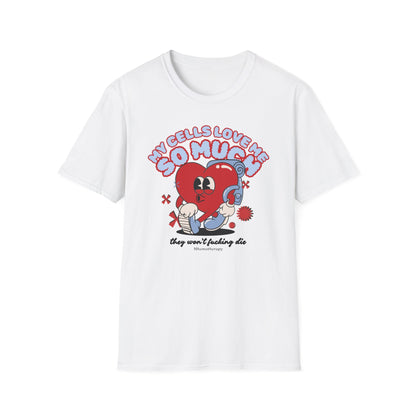 "My Cells Love Me So Much They Won't F*cking Die" retro funny cancer shirt, white, chemo gift for women and men front view by Mhemotherapy.com.