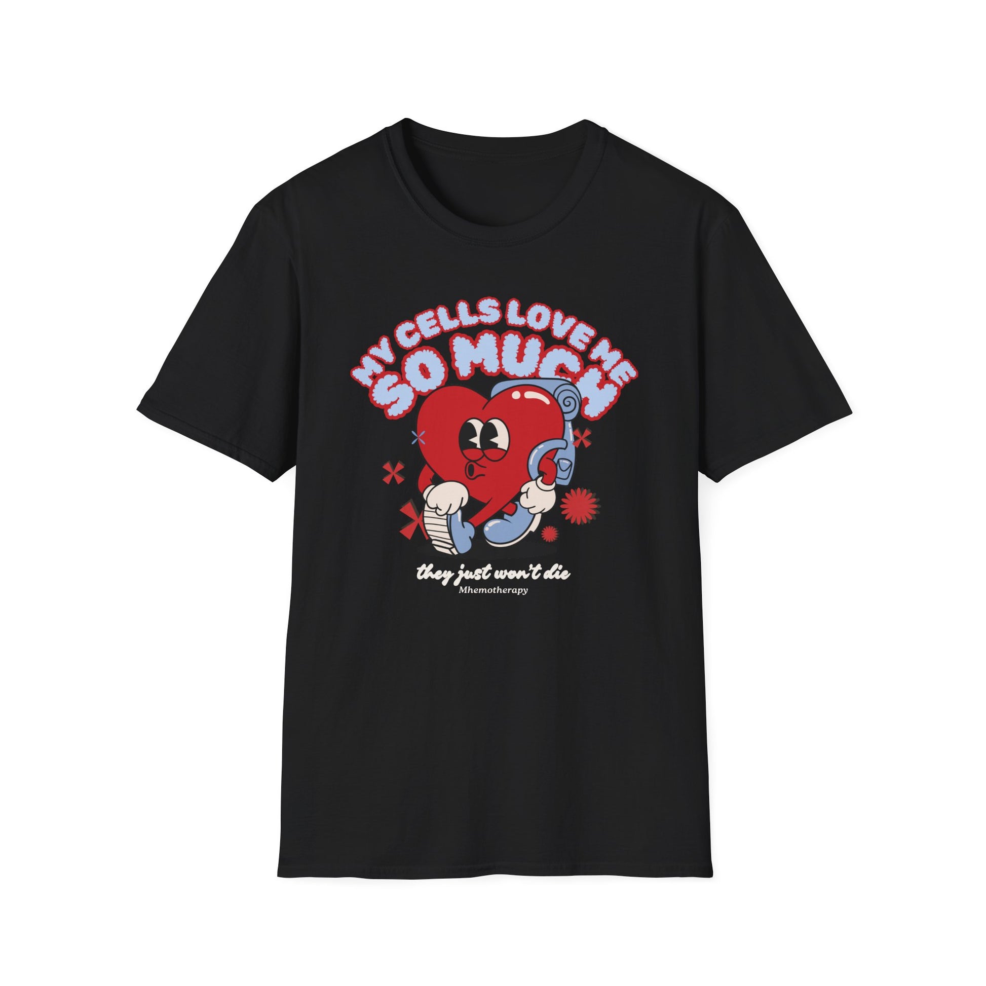 My Cells Love Me So Much They Won't Die retro funny cancer shirt, black, chemo gift for men and women front view by Mhemotherapy.com.