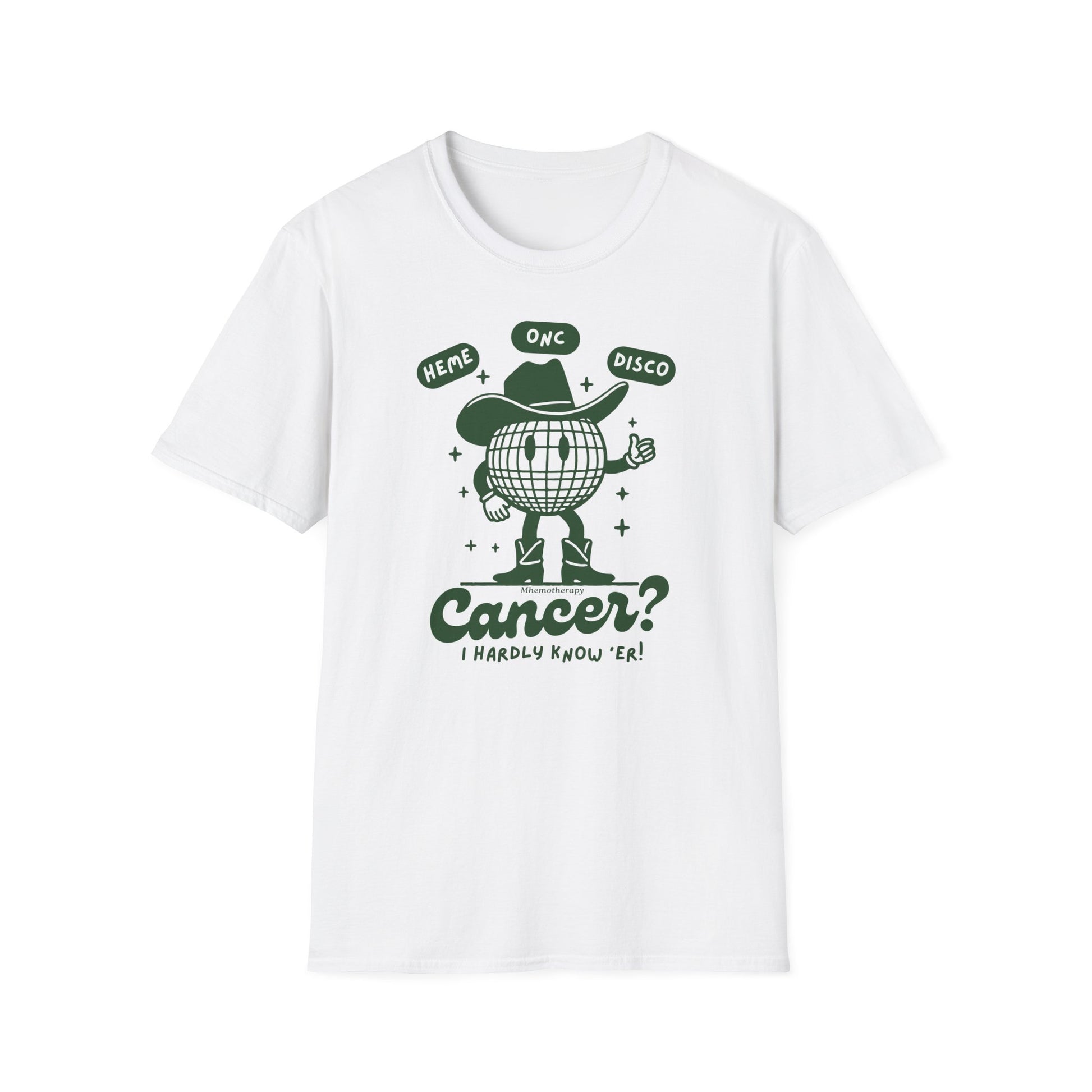 Heme-Onc Cowboy Disco retro funny cancer shirt, white with green, liver cancer shirt, lymphoma funny cancer survivor shirt for men and women front view by Mhemotherapy.com.
