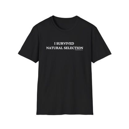 Front view of the black "I Survived Natual Selection" funny cancer t-shirt, chronic illness shirt, or spoonie tee from Mhemotherapy.