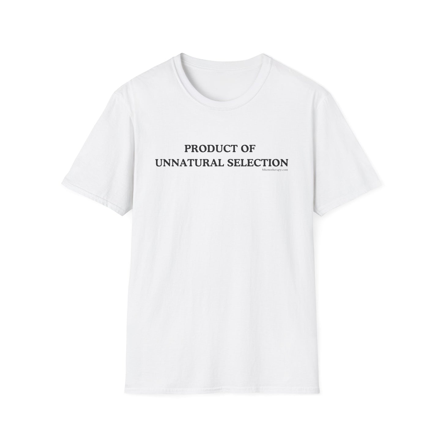 Front view of the white "Product of Unnatural Selection" funny cancer t-shirt, chronic illness shirt, or spoonie tee from Mhemotherapy.