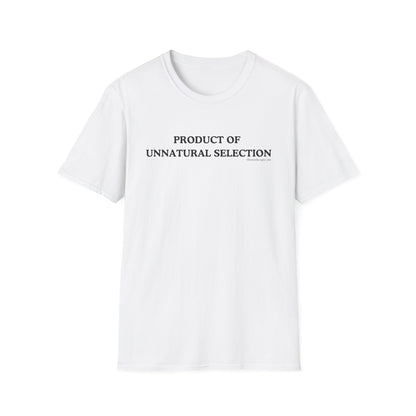 Front view of the white "Product of Unnatural Selection" funny cancer t-shirt, chronic illness shirt, or spoonie tee from Mhemotherapy.