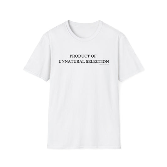 Front view of the white "Product of Unnatural Selection" funny cancer t-shirt, chronic illness shirt, or spoonie tee from Mhemotherapy.