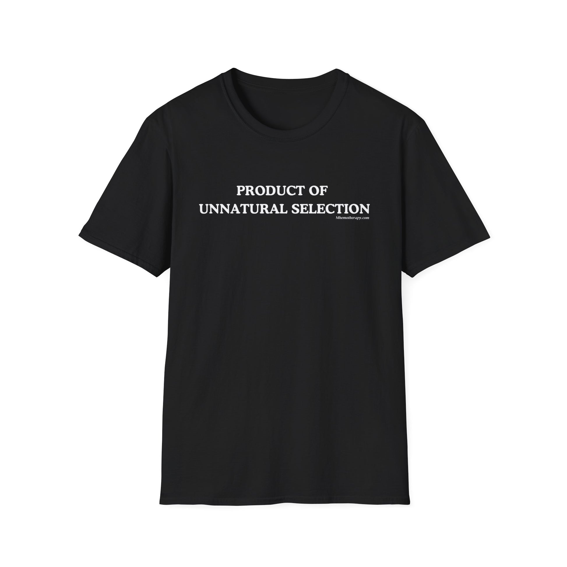 Front view of the black "Product of Unnatural Selection" funny cancer t-shirt, chronic illness shirt, or spoonie tee from Mhemotherapy.