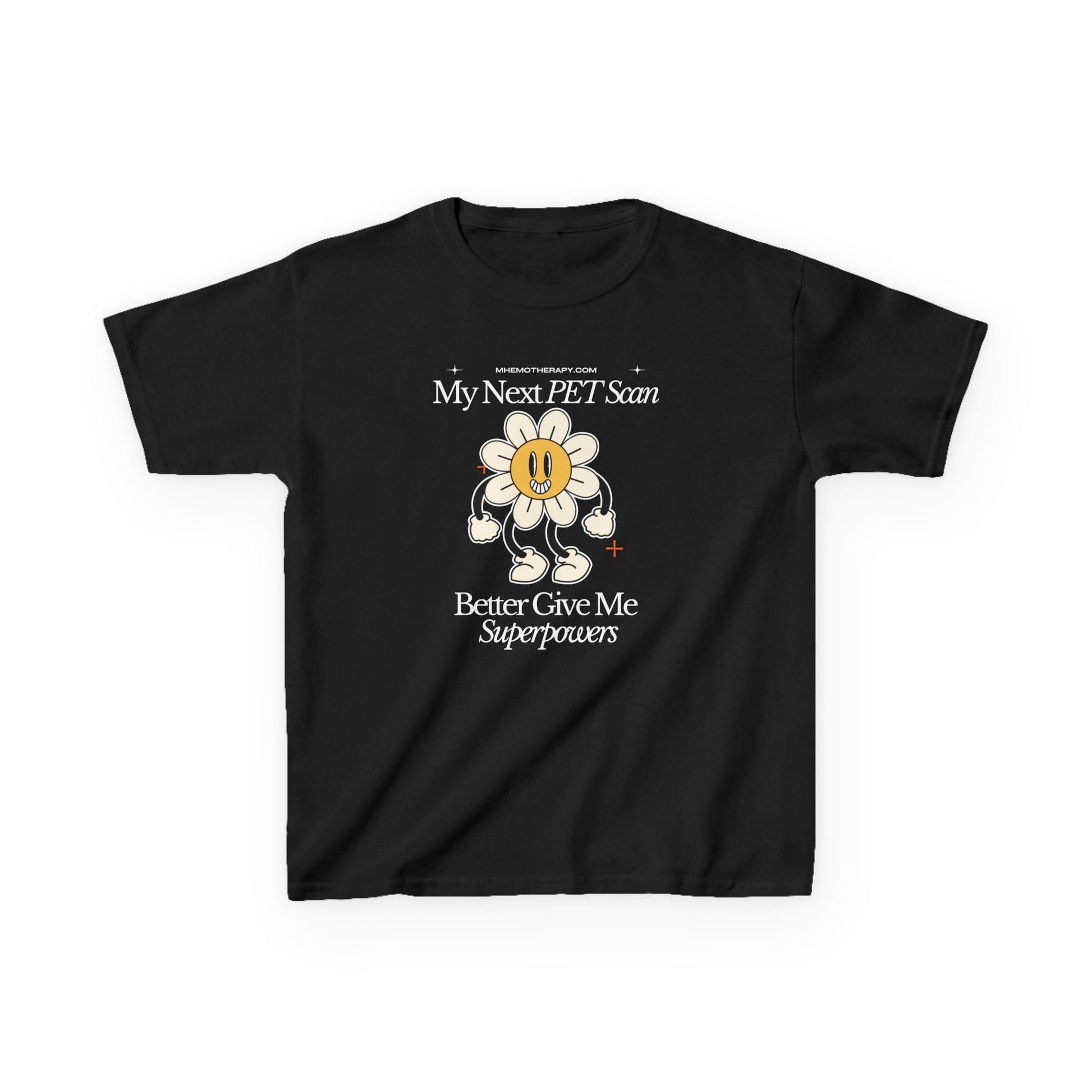 Front view of the black "My Next PET Scan Better Give Me Superpowers" retro funny cancer t-shirt for kids by Mhemotherapy.