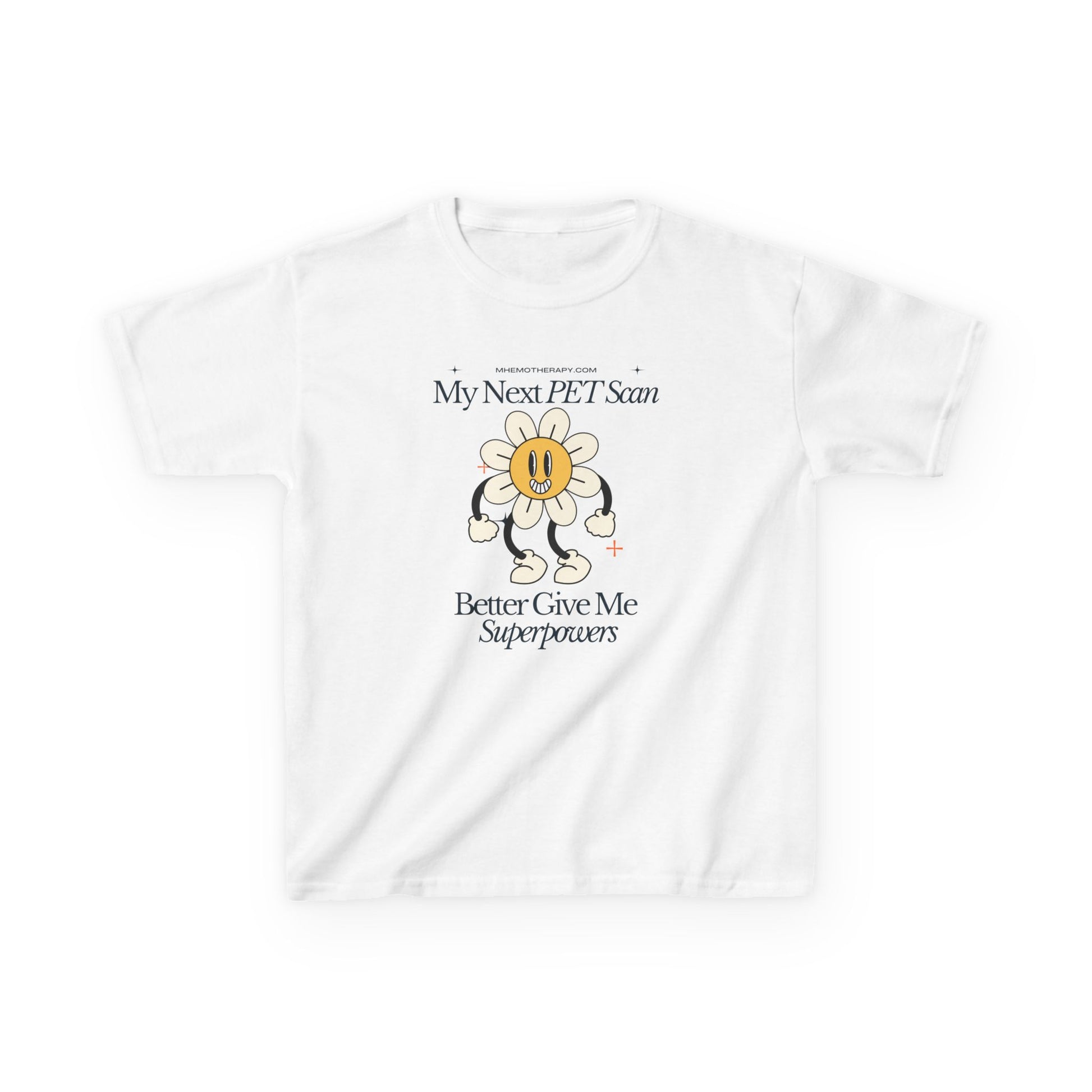 Front view of the white "My Next PET Scan Better Give Me Superpowers" retro funny cancer t-shirt for kids by Mhemotherapy.