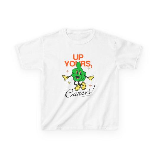 Front view of the white "Up Yours, Cancer!" retro chemo gift for kids t-shirt by Mhemotherapy.com.