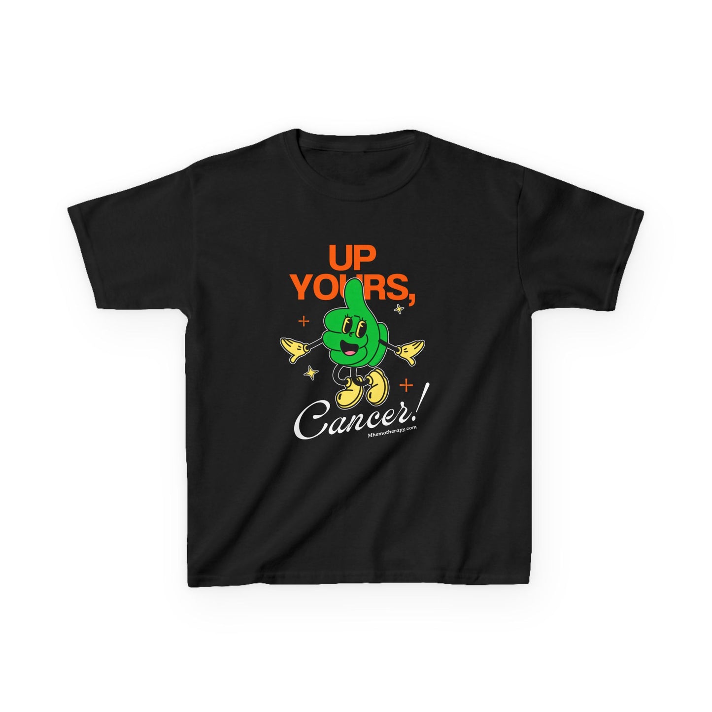 Front view of the black "Up Yours, Cancer!" retro sarcastic cancer t-shirt for kids by Mhemotherapy.com.