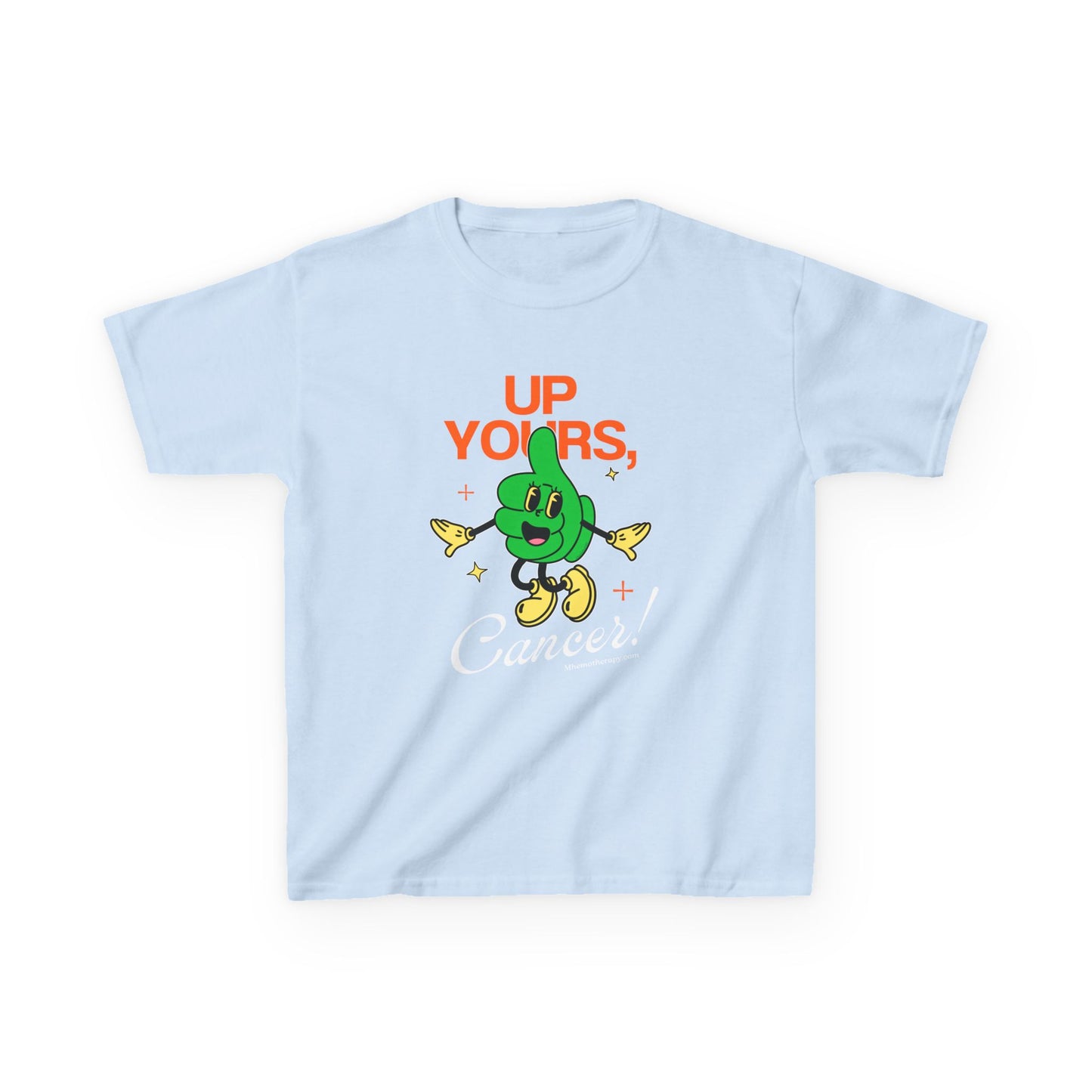 Front view of the blue "Up Yours, Cancer!" retro chemo gift for kids t-shirt by Mhemotherapy.com.