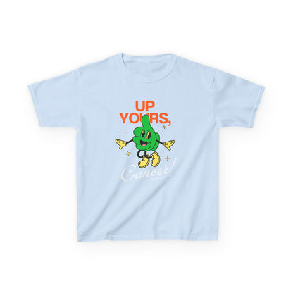 Front view of the blue "Up Yours, Cancer!" retro chemo gift for kids t-shirt by Mhemotherapy.com.