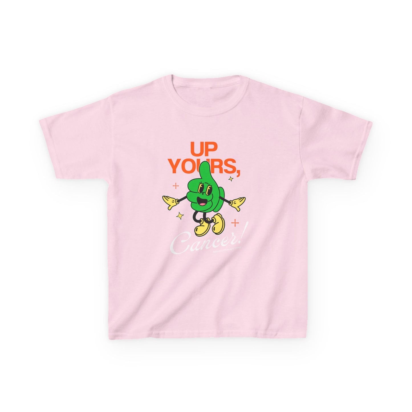 Front view of the pink "Up Yours, Cancer!" retro sarcastic cancer t-shirt for kids by Mhemotherapy.