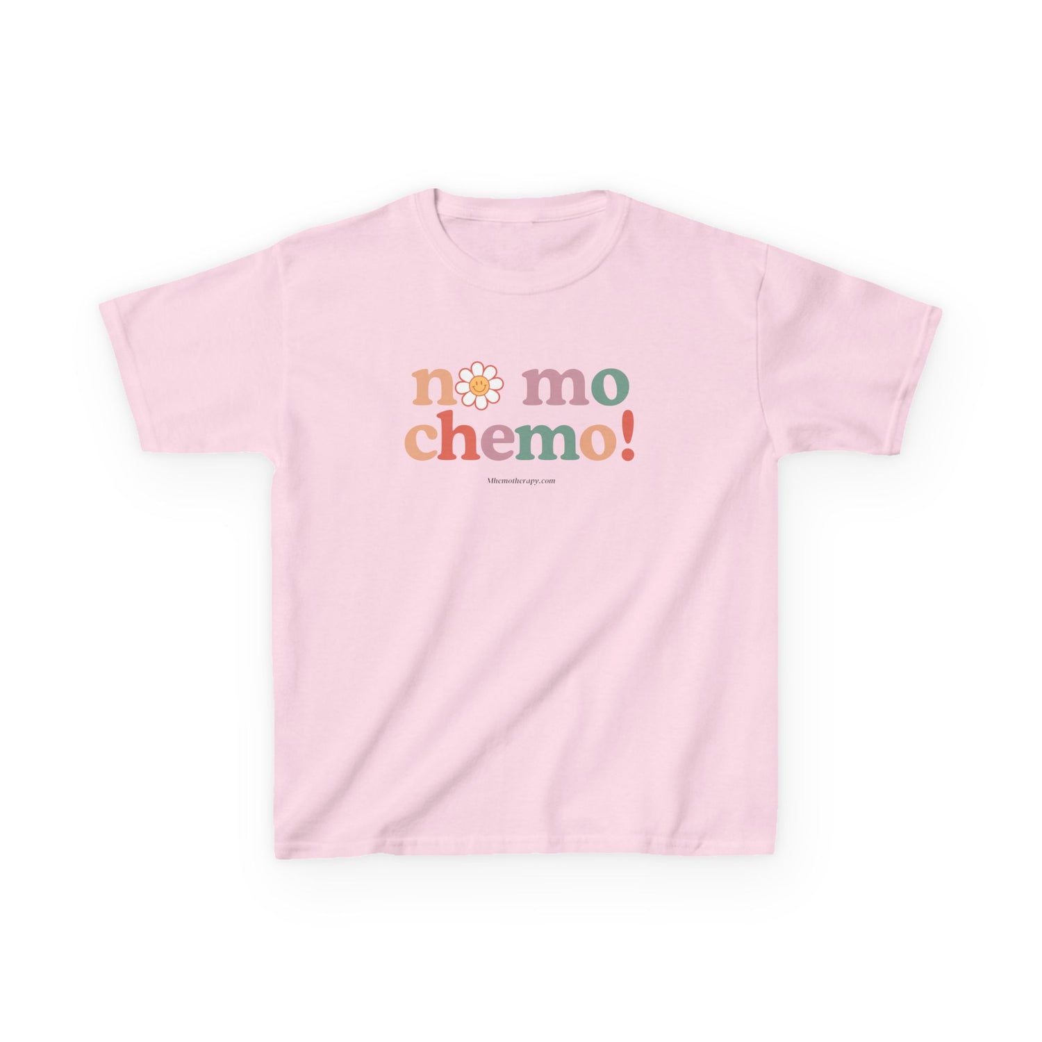 Front view of the pink "No Mo Chemo" funny cancer shirt for girls and boys, chemo gift for kids, end-of-treatment t-shirt by Mhemotherapy.com.