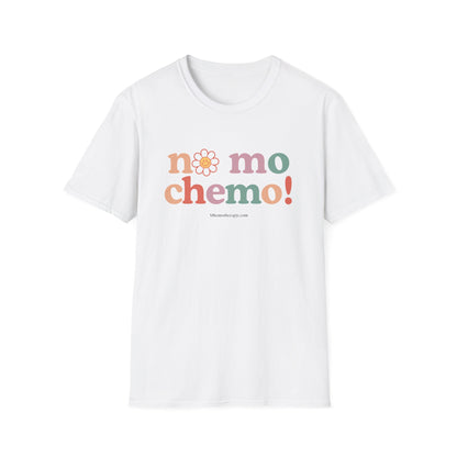 Front view of the white "No Mo Chemo" funny cancer shirt for women and men, chemo gift, end-of-treatment t-shirt by Mhemotherapy.com.