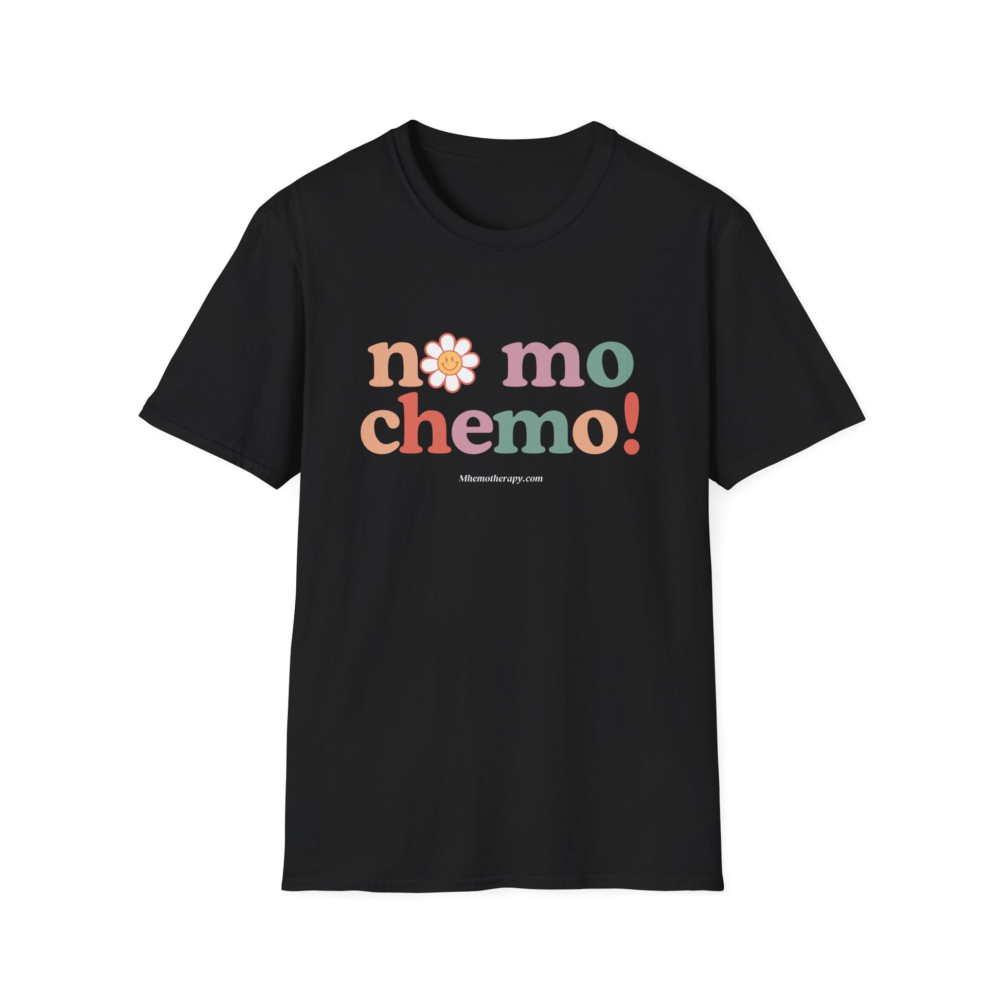 Front view of the black "No Mo Chemo" funny cancer shirt, chemo gift for women and men, end-of-treatment t-shirt by Mhemotherapy.com.