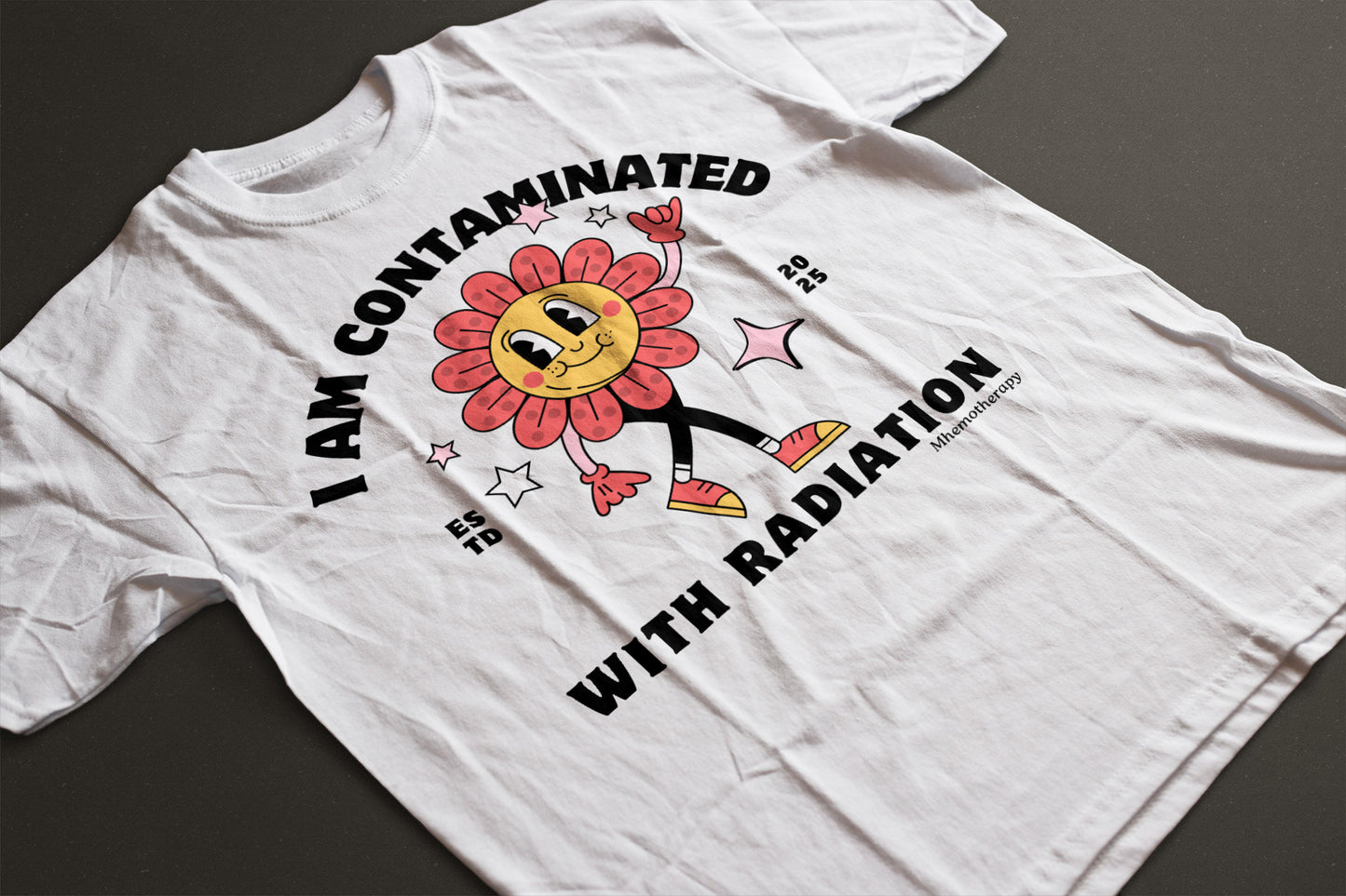 "I Am Contaminated With Radiation" oddly specific funny cancer tee, black, chemo gift close up by Mhemotherapy